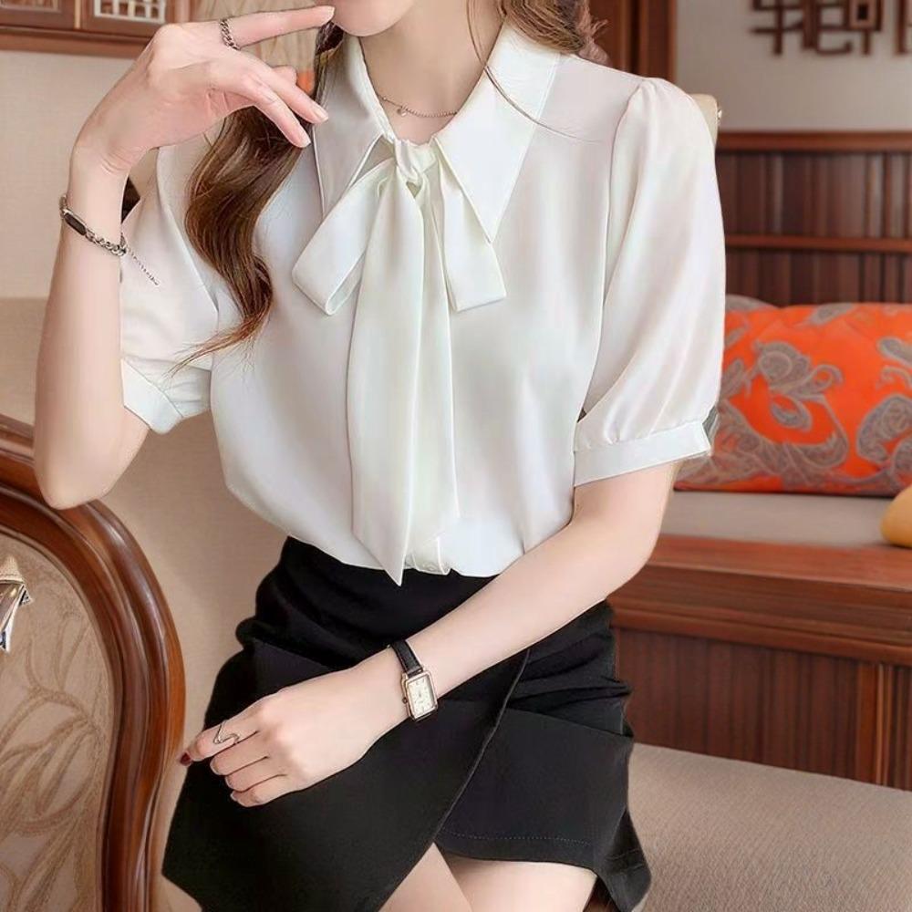 

Women White Short Sleeve Chiffon Bow Shirt Formal Office Blouse Interview Business Inner Wear Top M