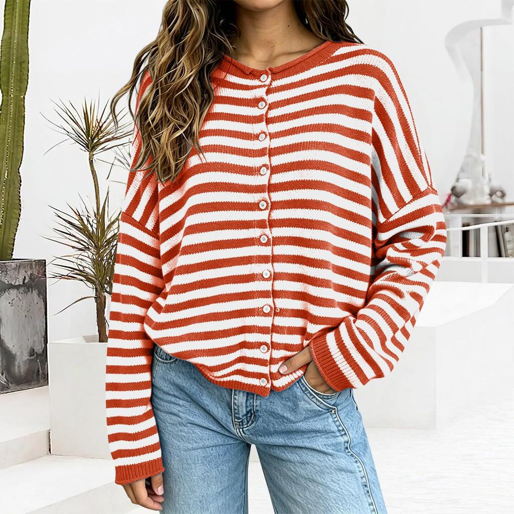 Women's Casual Striped Knit Cardigan Button Front Soft Long Sleeve Sweater for Fall Winter Work