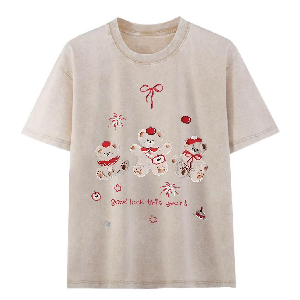 

Women s Summer Retro Distressed Little Bear Cotton T-Shirt - Loose, High-End, Versatile Short Sleeve Triple Extra Large хакі