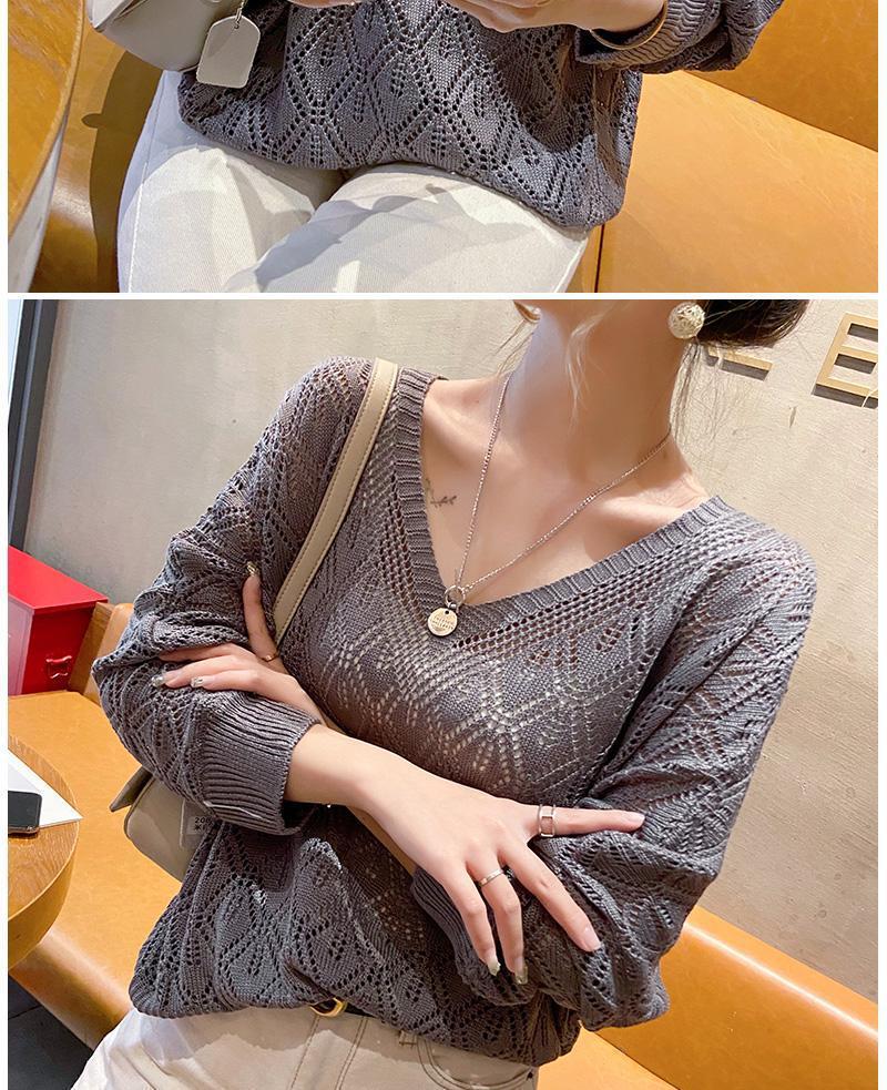 Dámský jarní kardigan s V-výstřihem, háčkovaný s dutým úpletem - Volný tenký krátký top