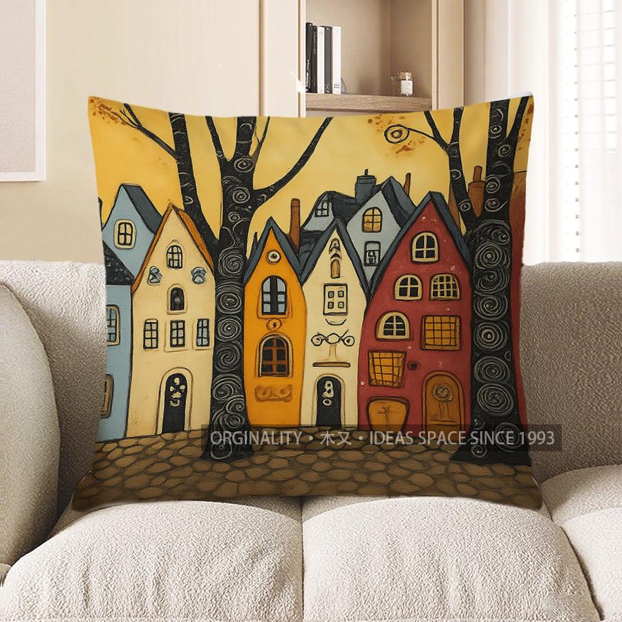 Home Decor Colorful Village Landscape Pattern Pillow Cover Pattern Cushion Cover Suitable For Sofa Bedroom Car Pillow Cover