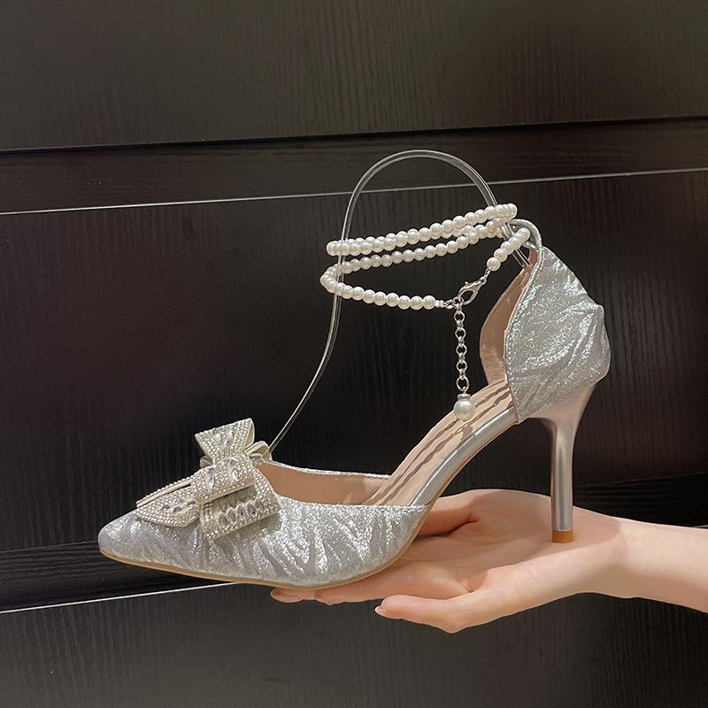 Fashion Temperament High Heels Women Summer New Pointed Toe Shallow Mouth Rhinestone Bow Beaded Non-slip Stiletto Sandals