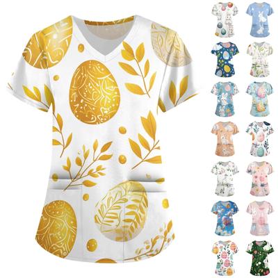 Damenmode V-Ausschnitt Kurzarm Arbeitskleidung mit Taschen Osterdruck Oberteil Pflegekleidung