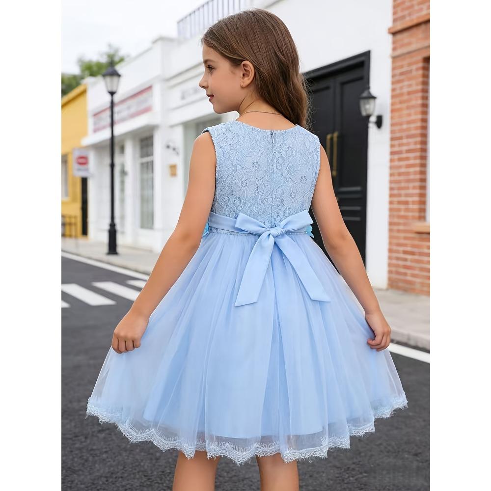 Girls' White Lace Mesh Princess Dress Sleeveless Round Neck Beaded Flower Girl Skirt Children's Wedding Bridesmaid Birthday Party Performance Dress