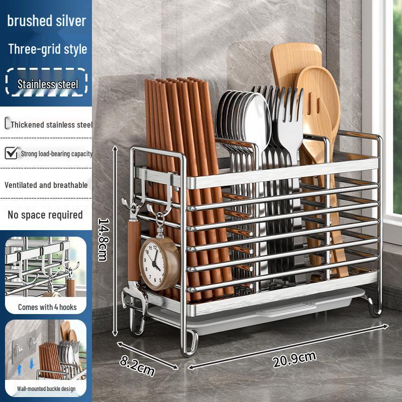 Wall-Mounted Stainless Steel Chopstick and Spoon Holder with Drainage