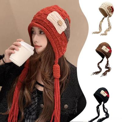 Neuer Damen Woll Quasten Strickhut Mode Patchwork Winter Warm Häkel Ohrenklappen Mützen Koreanisches Mädchen Kältefest Pullover Beanies Mütze