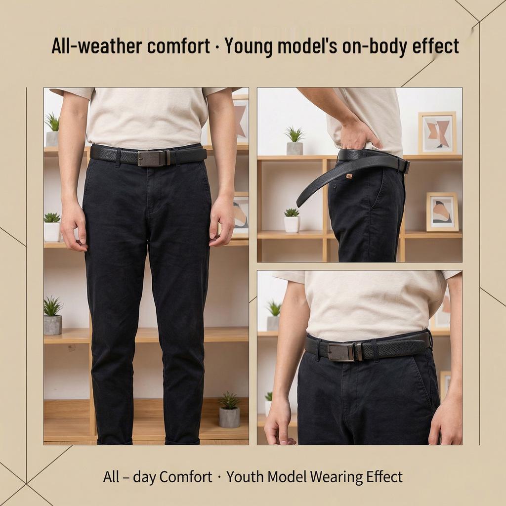 Men's Genuine Leather Belt with High-end Automatic Buckle - Premium Cowhide for Middle-aged and Young Adults