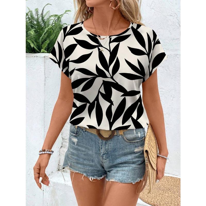 Mode Damen Rundhals T-Shirt Sommer Lässig Outdoor Kurzarm Oberteile Blumenmuster Stil Übergröße Locker Damenbekleidung