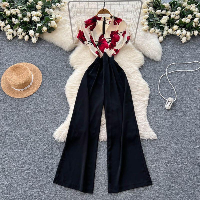 

Western Style High-Grade Cross Collar Flying Sleeves Jumpsuit Women Summer Slim fit Slimming Wide-Leg Royal Sister Temperament Trousers Red One size