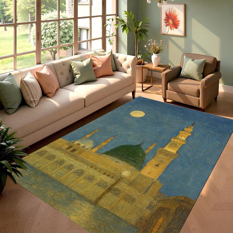 

Area Rug Floor Carpet Mat Abstract Impressionist Holy Land Print Non-Slip in Blue Green Gold for Serene Artistic Home Decoration 40X60cm