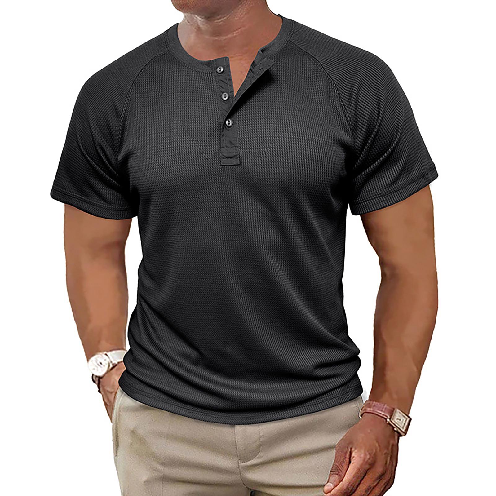 Винтажная летняя мужская футболка, уличная одежда, 3 пуговицы, свободная одежда, футболка с коротким рукавом и принтом L чёрный