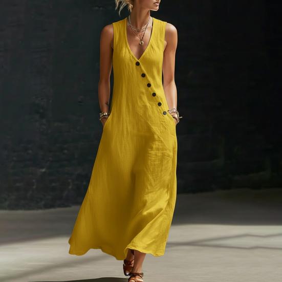 Vestidos Maxi de Verano para Mujer Casual sin Mangas Cuello en V Vestido de Playa Suelto de Tirantes con Botones y Bolsillos
