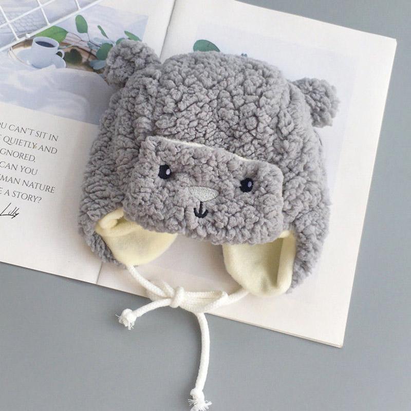 

Cute Bear Baby Ear Protection Hat Thick Lamb Fleece Kids Earmuffs Cap 3-12M Infant Winter Warm Headgear Bonnet Cartoon Beanies серый
