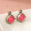 Vintage Women's Golden Color Square Inlaid Pink Red Stones Earrings Metal Carving Pattern Dangle Dangle Earrings  Jewelry