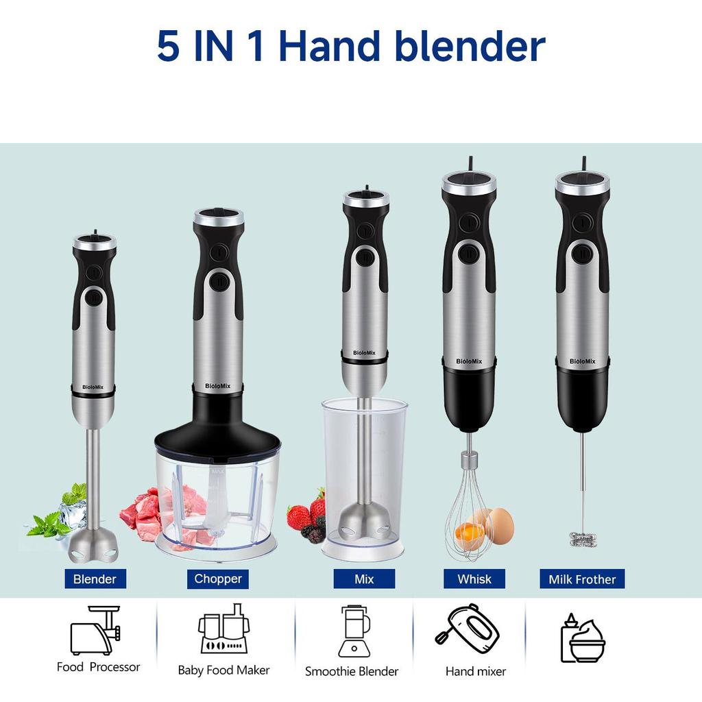 BioloMix HB‑3302 5‑in‑1 Hand Blender 1200W 6‑Speed Turbo Immersion Stick Blender