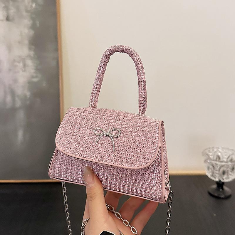 2025 New Bow High-end Fairy Simple High-value Shoulder Messenger Bag Silk Thread Shiny Small Square Bag