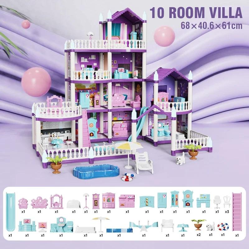 Large Doll House Assembly Villa House 3D Diy Dream Princess Castle Villa Assembly Doll House Set Toy Girl Pretend Family Toy