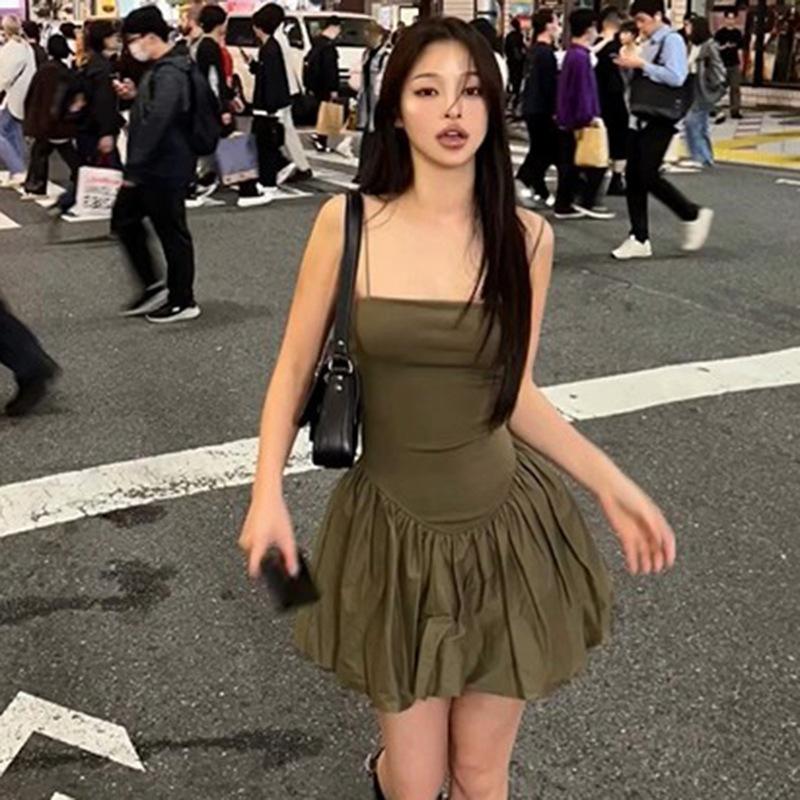 Women Black Strapless Suspender Evening Dress Bubble Mini Dress Plain Puff Short Dress Y2K Streetwear