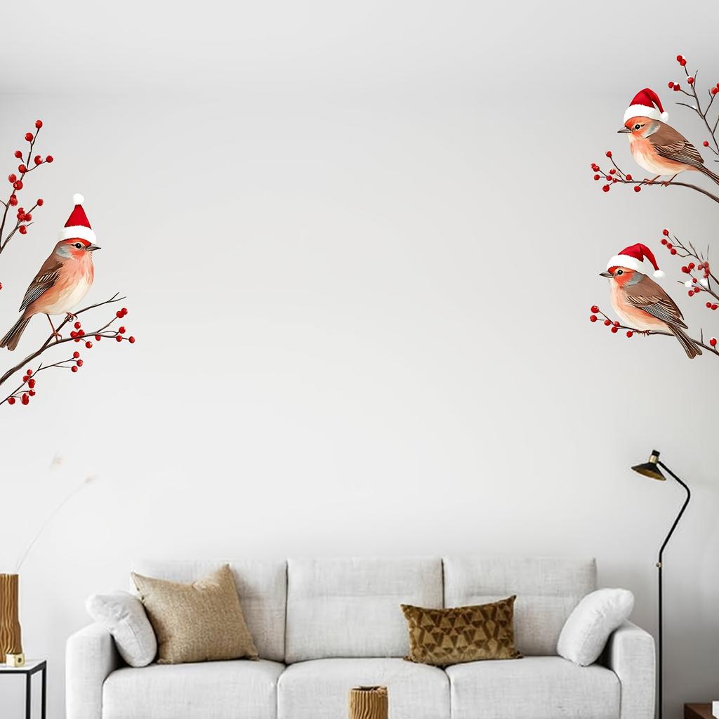 1PC Three Birds in Santa Hats Window Stickers Christmas Theme Red Berry Branches Decorative Wall Stickers for Glass and Window