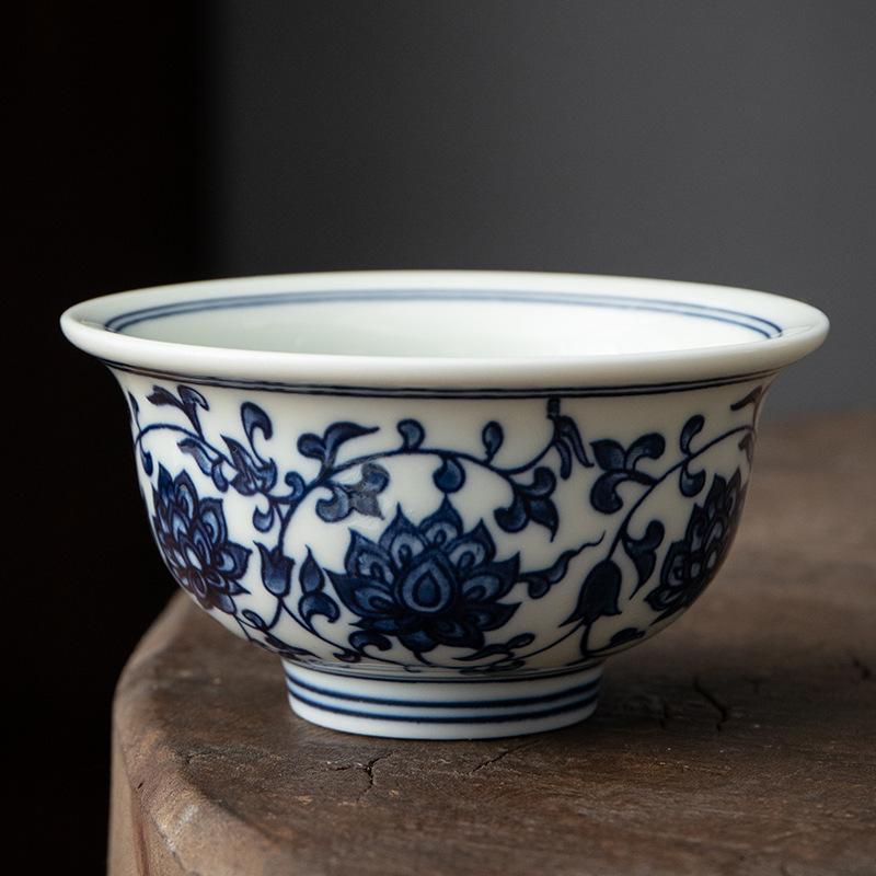 Ceramic Blue and White Underglaze Large Master Single Tasting Kung Fu Tea Bowl Retro Handheld Cup Wholesale