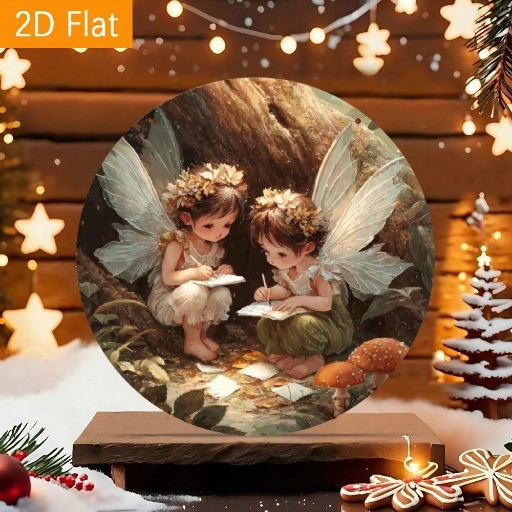 Vintage Fairy Forest Metal Wall Art 8 Inch Round Aluminum Plaque Enchanted Mushroom House Decor