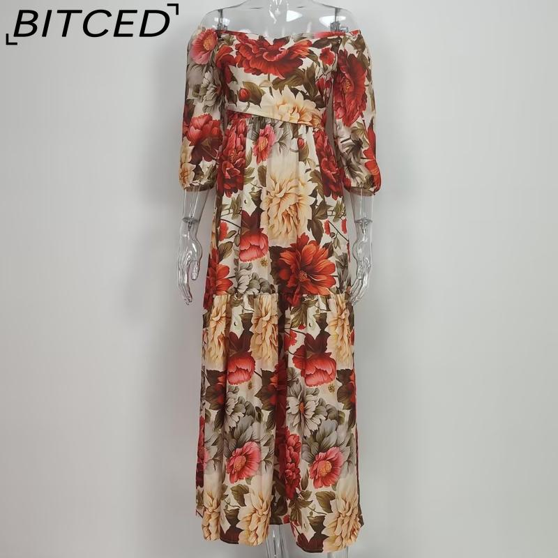 BITCED Summer Women's Outerwear: Fashionable and Elegant Printed Tie-Front V-Neck Full-Skirted Dress