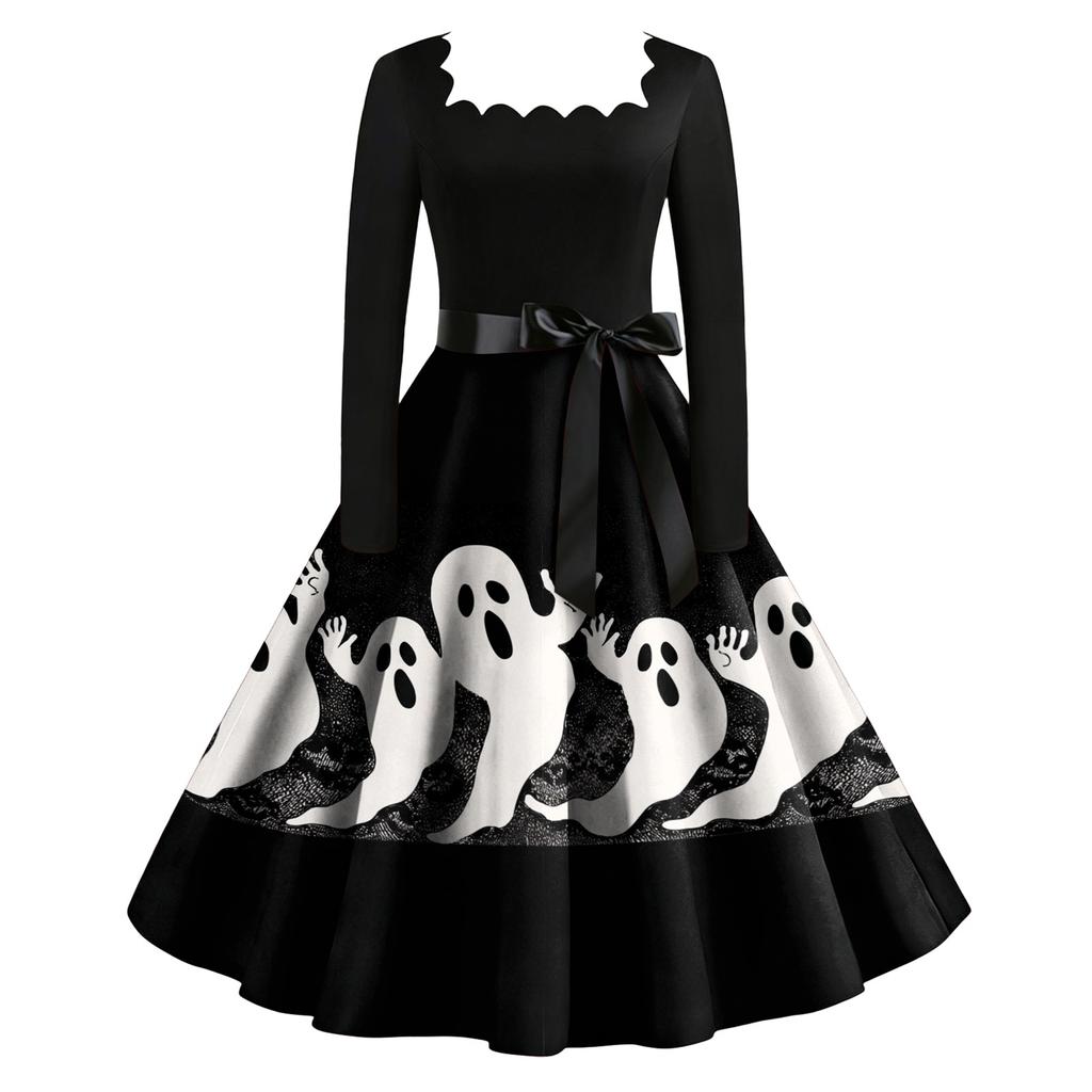 Women's Vintage Long Sleeve Square Neck Halloween Print Party Dress Midi Length Fit and Flare Style with Waist Tie Belt