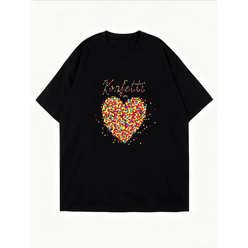 White T-Shirt With Confetti Heart Print And Text For Casual Wear