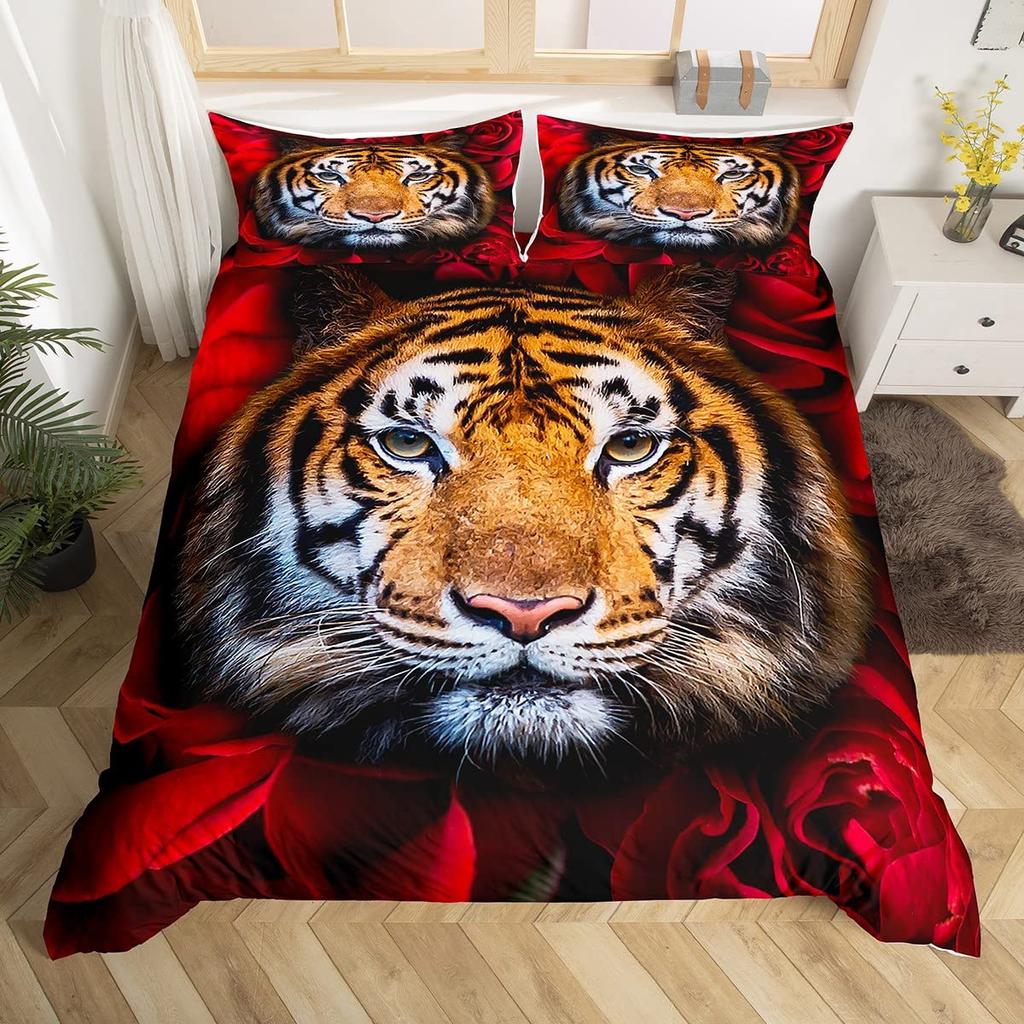 White Tiger Red Rose King Queen Duvet Cover Africa Big Cat Flower Bedding Set For Teen Adult Animal 2/3pcs Quilt Cover