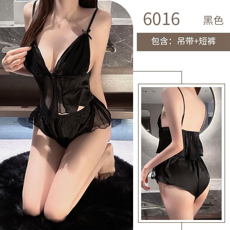 Sex Sexy Underwear Women's Summer Ice Silk Thin Sex Fun Front Open Lace Perspective Set