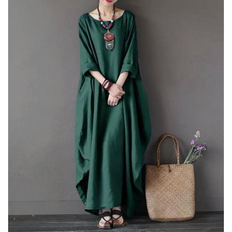 

Свободное длинное платье из хлопка и льна больших размеров 5XL зелёный