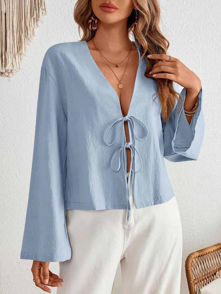 2025 Lace-Up V-Neck Long-Sleeve Top: European & American Cross-Season Casual Women's Fashion