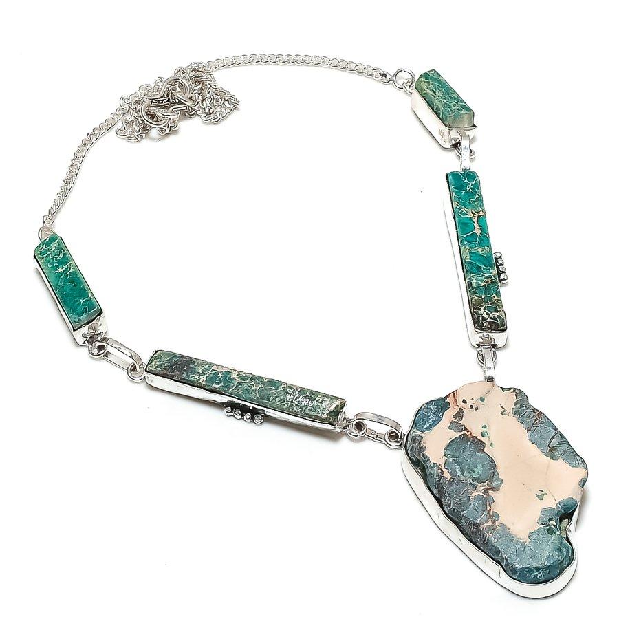 

Натуральный зеленый морской осадочный яшма 925 стерлингового серебра ювелирное колье 18 S2y43