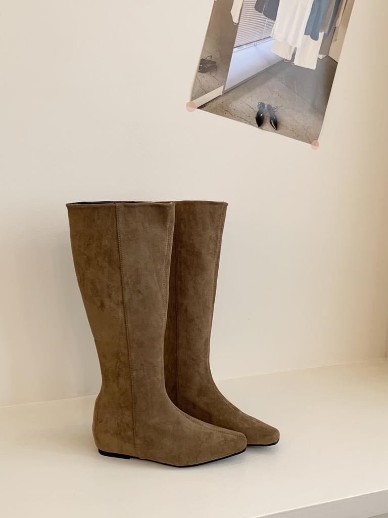 Inner Heightening Suede Square Head Boots for Women 2025 Autumn and Winter New Models But Knee High Boots Korean Version Sleeve Fashion Boots for Wo