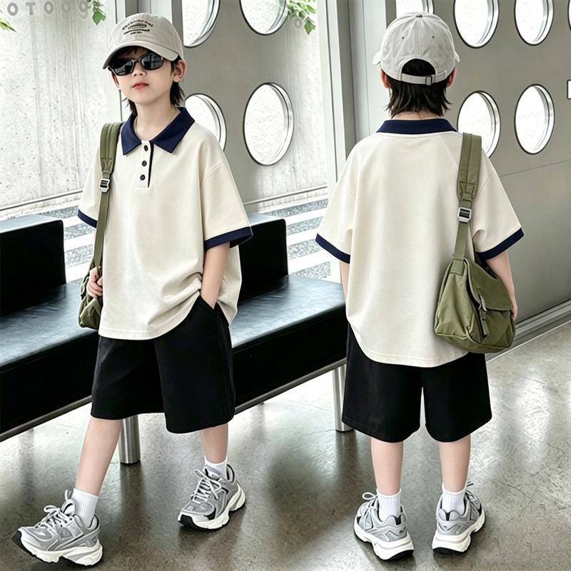 Boys' Trendy Patchwork Polo Cotton T-Shirt Set - Summer Short-Sleeve Collared Top for Kids