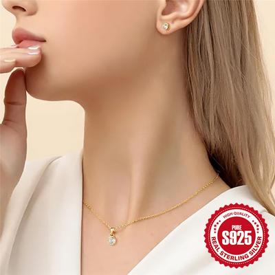 S925 Sterling Silver Simple Classic Round Hemming Inlaid Zircon Necklace + Stud Earrings Combination Commuter Set