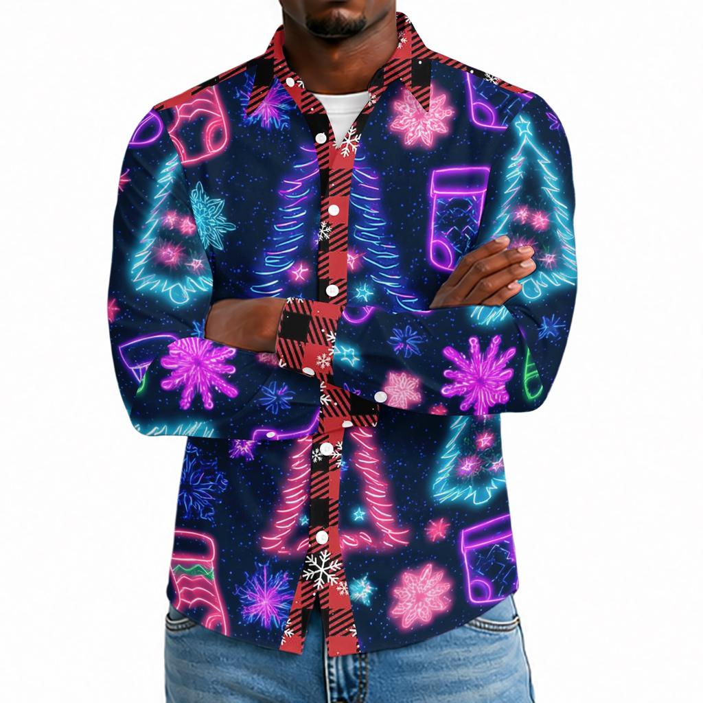 Men's Casual Long Sleeve Shirt with Christmas Print for Spring and Everyday Wear