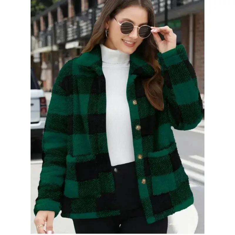 

Женские куртки клетчатый толстый плюшевый кардиган с карманами на пуговицах куртка осень-зима однобортный пиджак с лацканами модная верхняя одежда S зелёный