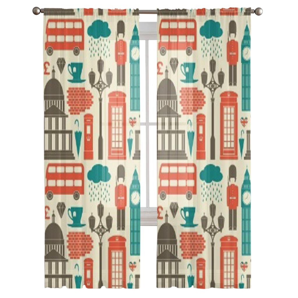 London Symbole und Wahrzeichen Luxuriöse Chiffon Sheer Vorhänge für Wohnzimmer Schlafzimmer Dekoration Fenster Voiles Tüllvorhang