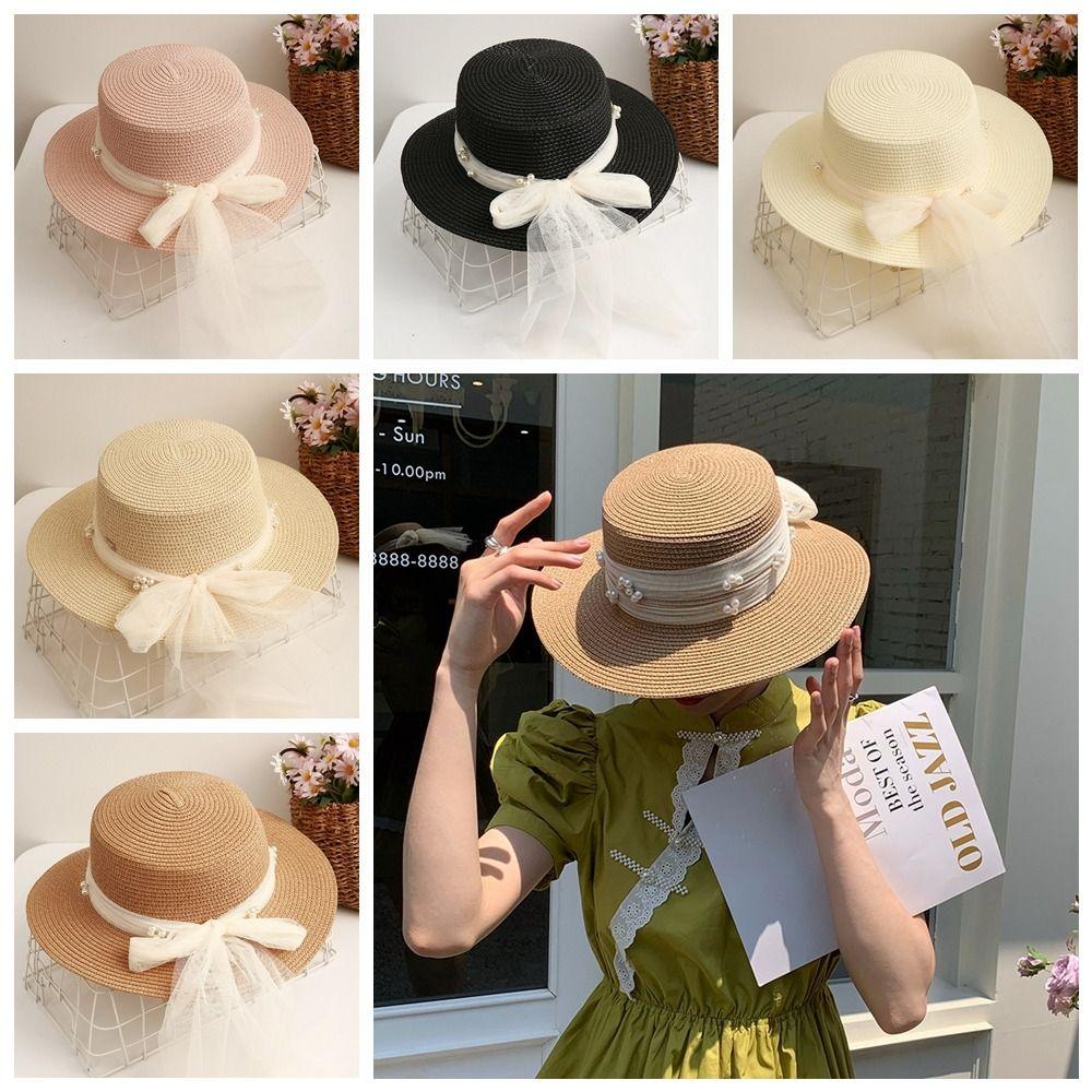 Pearl Summer Straw Hat Pastoral Style UV Protection Cap Ins Wide Brim Sun Hat  Female