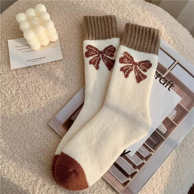 Women's Warm Cashmere Bowknot Mid-Calf Socks - Autumn/Winter Velvet, Thick Terry Cloth, Coffee Color, Over-the-Knee, Postpartum