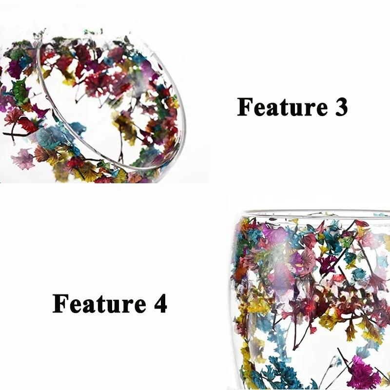 350ml Double Wall Glass Cup with Handle Dried Flower Decorated Coffee Milk Mug Heat Resistant Kitchen Supplies for Friend Gifts