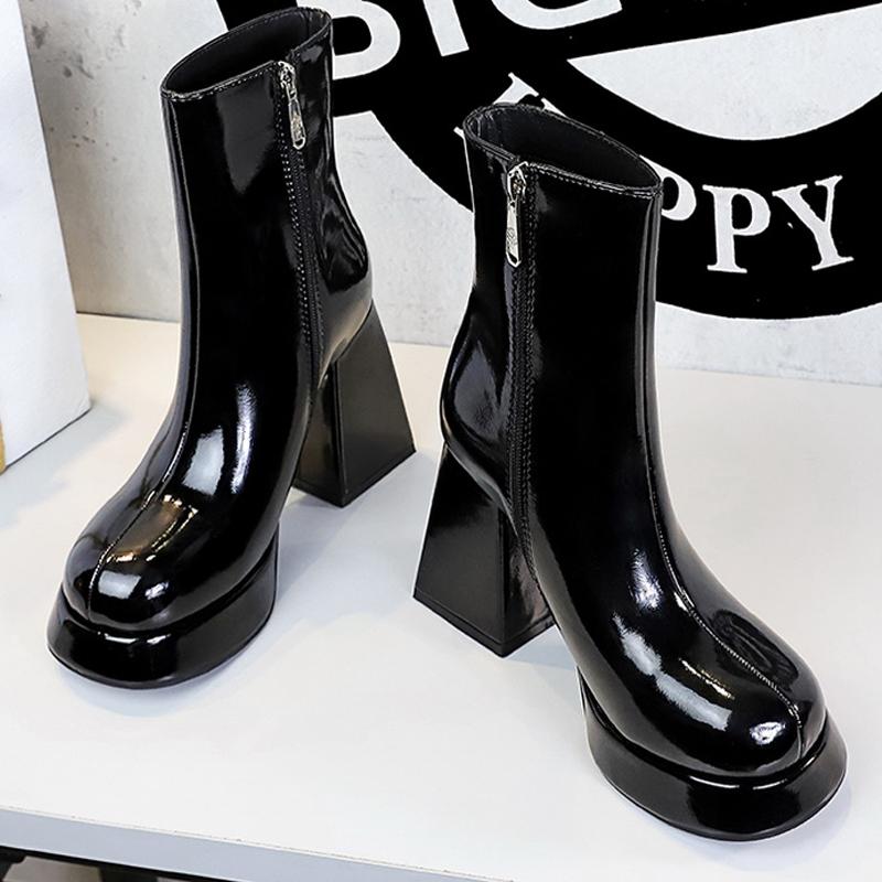 Patent leather Women Boots Autumn Winter shoes Side zipper leather boots Platform shoes High heel boots High heel boots Fashion
