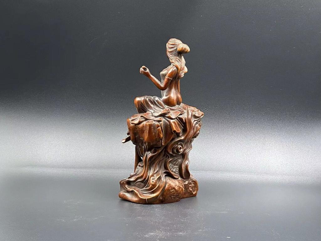 Chinese Antique Boxwood Carved Pipa Beautiful Woman Statue Sculpture Home Decor