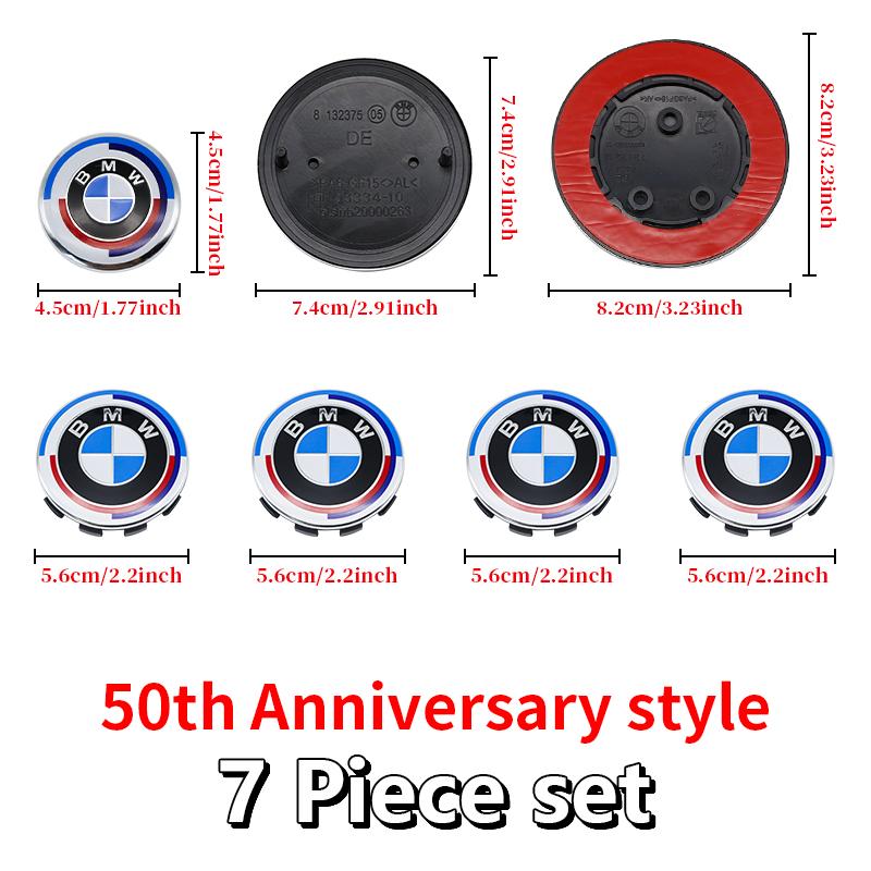 DJSA5 Hood Trunk Wheel Steering Badge 7Pcs Emblem Set For BMW E46 E90 F10 F30 G20 X5 82mm 74mm 68mm 56mm 45mm 50th Anniversary Car