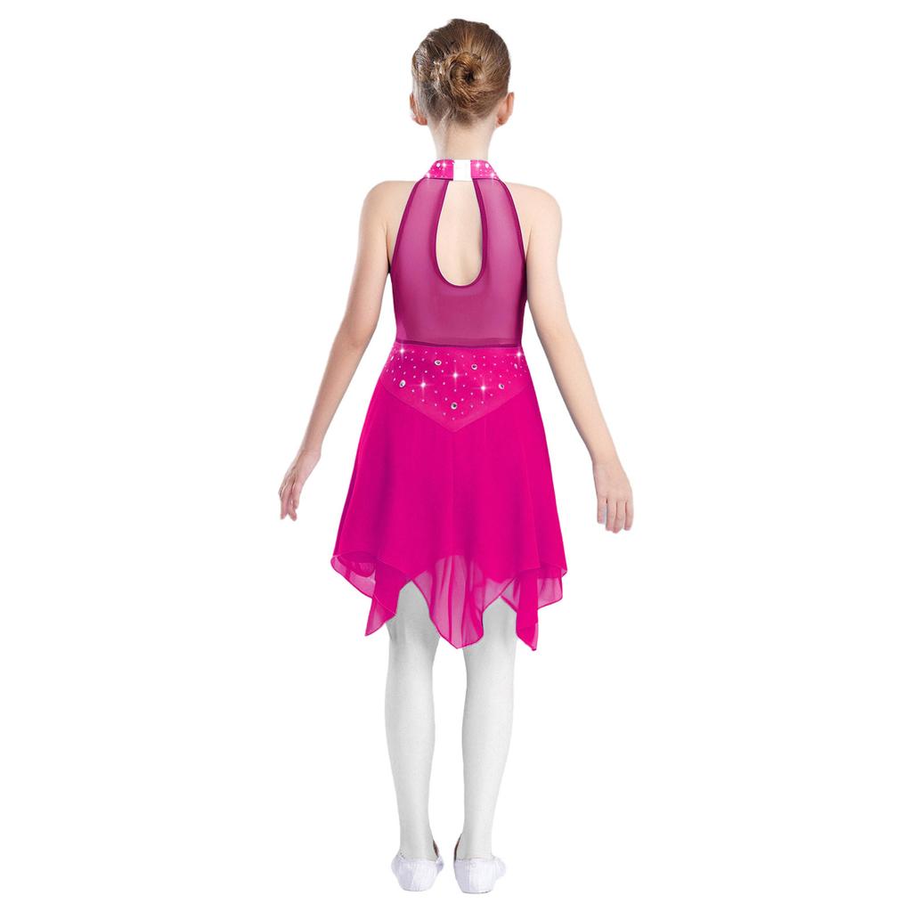 Girls Lyrical Dance Costume Sparkle Rhinestones Keyhole Back Irregular Chiffon Hem Skating Dress