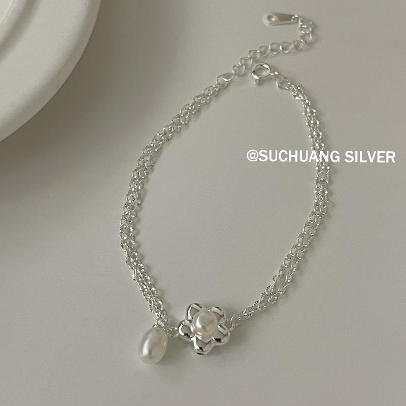 S925 Sterling Silver Pearl Flower Bracelet for Women - Sweet, Elegant Korean Design Sterling Silver