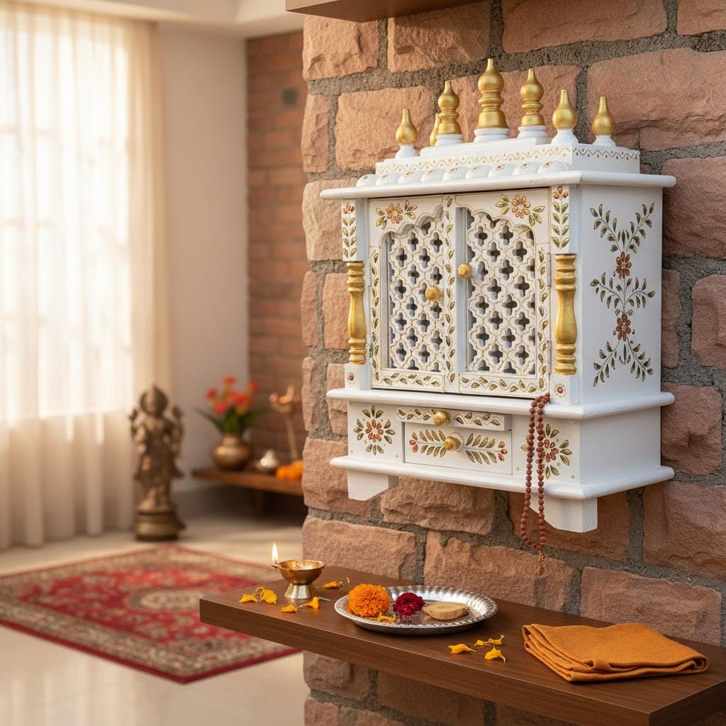 

Wooden Temple for Home | White & Gold Wall-Mounted Pooja Mandir | Indian Miniature Shrine with Drawer | Decorative Mandap for Prayer Room