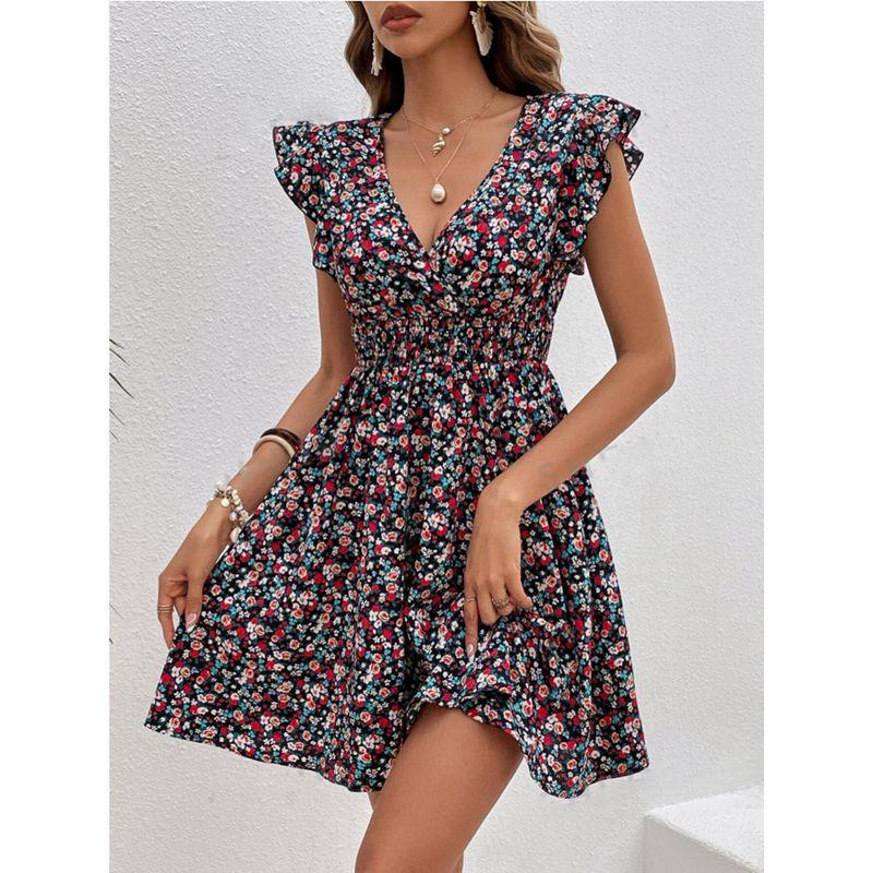 

European and American Women s New Summer French style Small Floral Print High Waist Frill Dress Picture Color S
