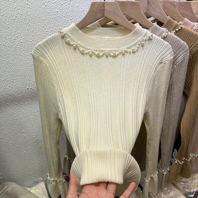 Autumn New Beading Long Sleeve Knitted Sweater Women Winter Slim Fit Base Pullover Sweaters for Women Fashion Elegant Solid Warm Jumpers Tops 24868